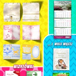 Kompozycja materiałów reklamowych wydawnictwa: kartki okolicznościowe, kalendarz, książeczka dla dzieci, wizytówki, z logo firmy i adresem strony internetowej.