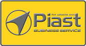 Żółte logo firmy Piast Business Service z szarym symbolem strzałki i napisem 'Rok założenia 2000' w prawym górnym rogu.