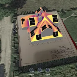 Wizualizacja 3D projektu dachu z panelami słonecznymi nałożona na plan architektoniczny budynku, ukazująca potencjalne rozmieszczenie instalacji.