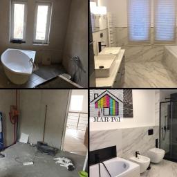 Mar-Pol Usługi remontowo-budowlane - Kolaż przedstawiający metamorfozę łazienki: od stanu surowego z instalacjami, przez etap prac z wanną wolnostojącą, aż po wykończone wnętrze z marmurowymi płytkami, białą armaturą i czarnymi...