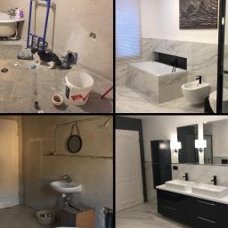 Mar-Pol Usługi remontowo-budowlane - Kolaż przedstawia łazienkę przed i po remoncie: widoczne surowe ściany, rury i narzędzia w części przed remontem oraz wykończona łazienka z białą wanną, bidetem, toaletą, umywalkami i czarnymi...