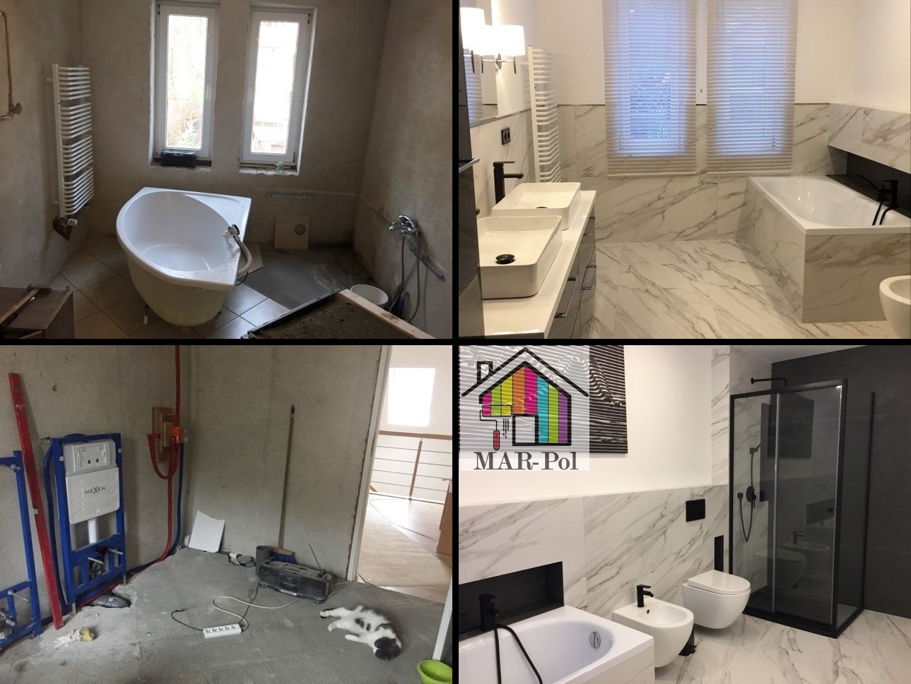 Kolaż przedstawiający metamorfozę łazienki: od stanu surowego z instalacjami, przez etap prac z wanną wolnostojącą, aż po wykończone wnętrze z marmurowymi płytkami, białą armaturą i czarnymi...