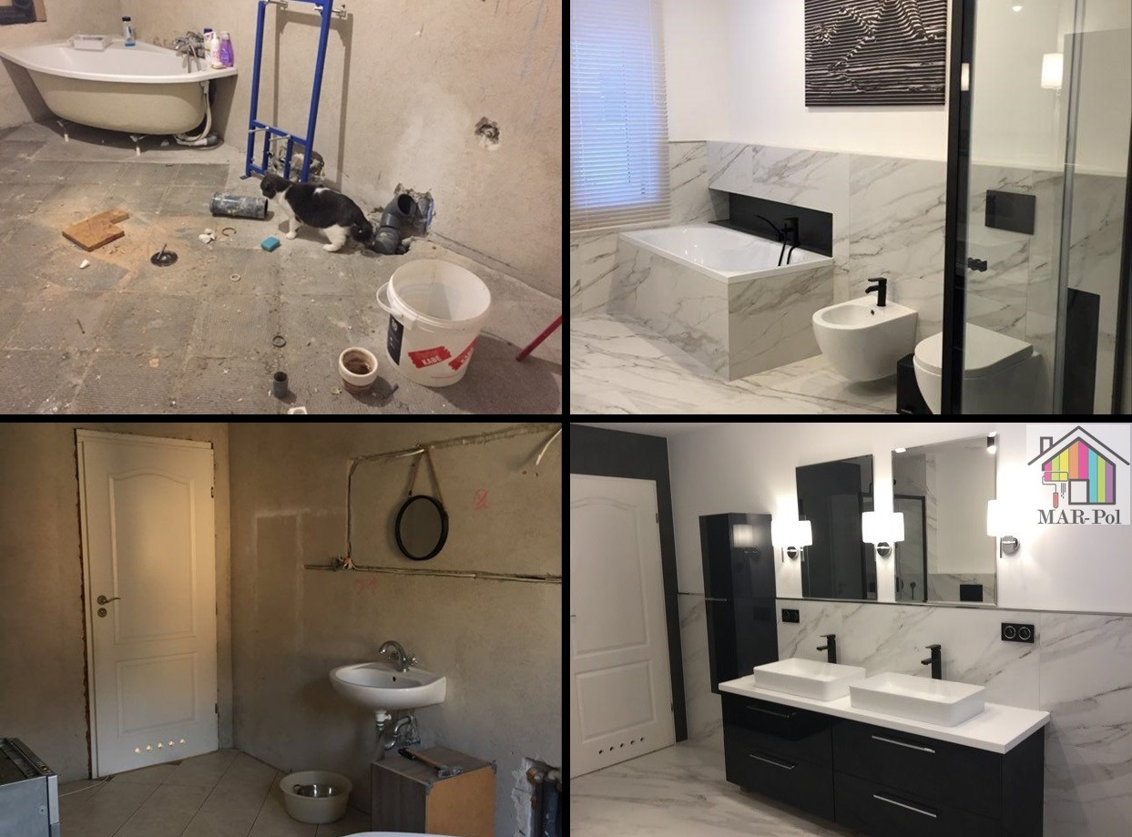 Kolaż przedstawia łazienkę przed i po remoncie: widoczne surowe ściany, rury i narzędzia w części przed remontem oraz wykończona łazienka z białą wanną, bidetem, toaletą, umywalkami i czarnymi...