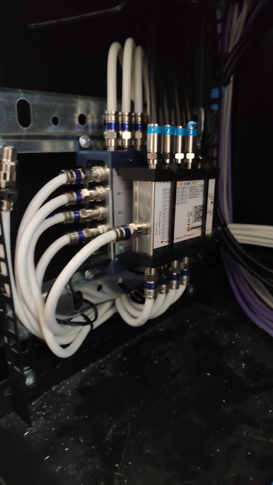 Rozdzielacz sygnału z podłączonymi kablami koncentrycznymi w szafie rack, widoczne złącza F z niebieskimi akcentami i dioda LED sygnalizująca działanie.