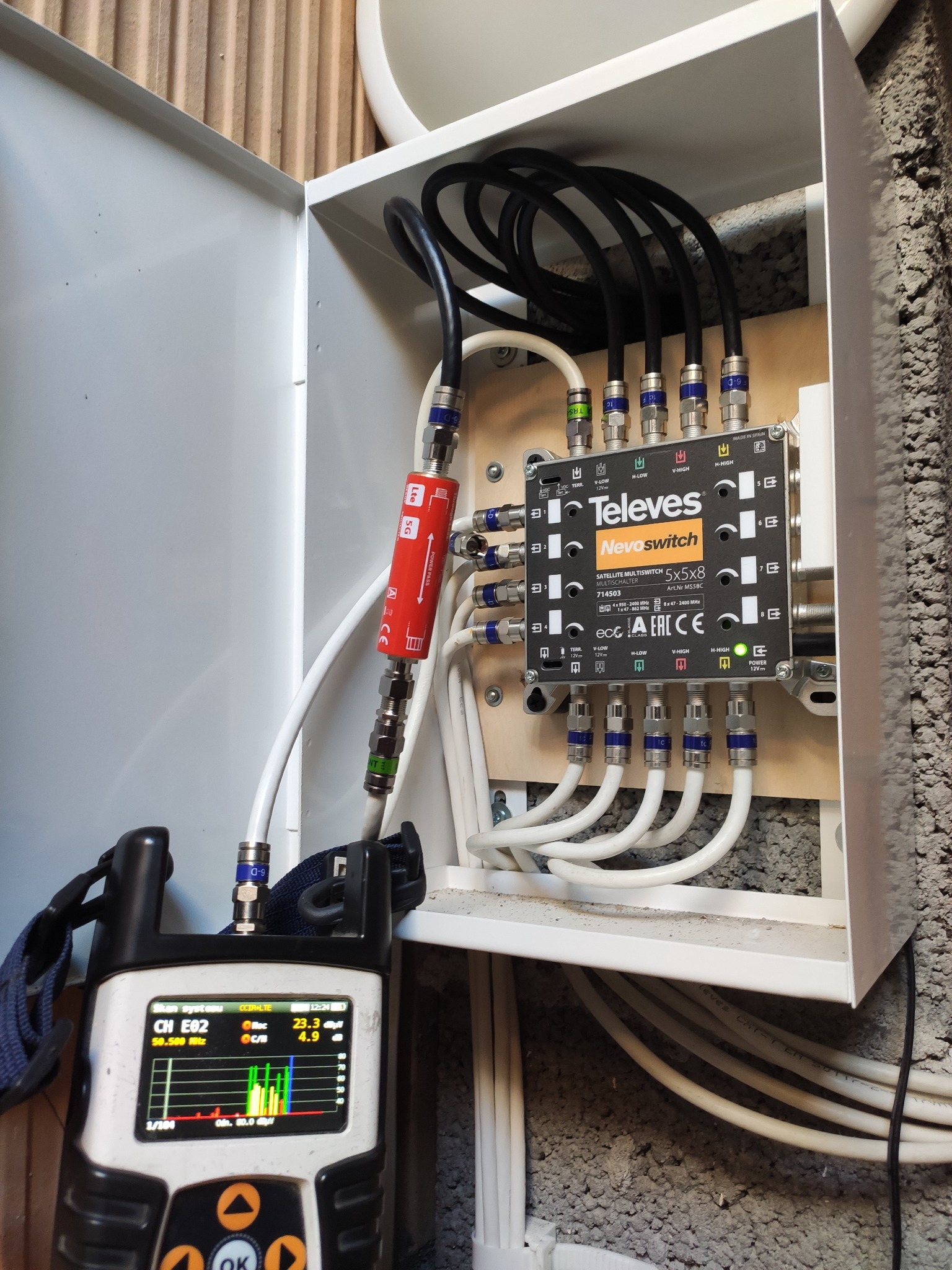 Rozdzielnica multiswitch Televes Nevoswitch 5x5x8 w obudowie, podłączona kablami koncentrycznymi, obok miernik sygnału wskazujący parametry transmisji.