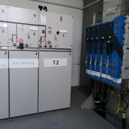 Szafa rozdzielcza z panelami sterowania, oznaczeniami 'Rezerwa' i 'T2', widoczne elementy elektryczne i okablowanie w pomieszczeniu technicznym.