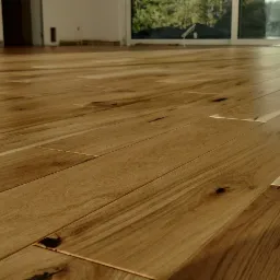 Jasne, drewniane panele podłogowe ułożone w nowym wnętrzu z dużym oknem i surowymi ścianami.