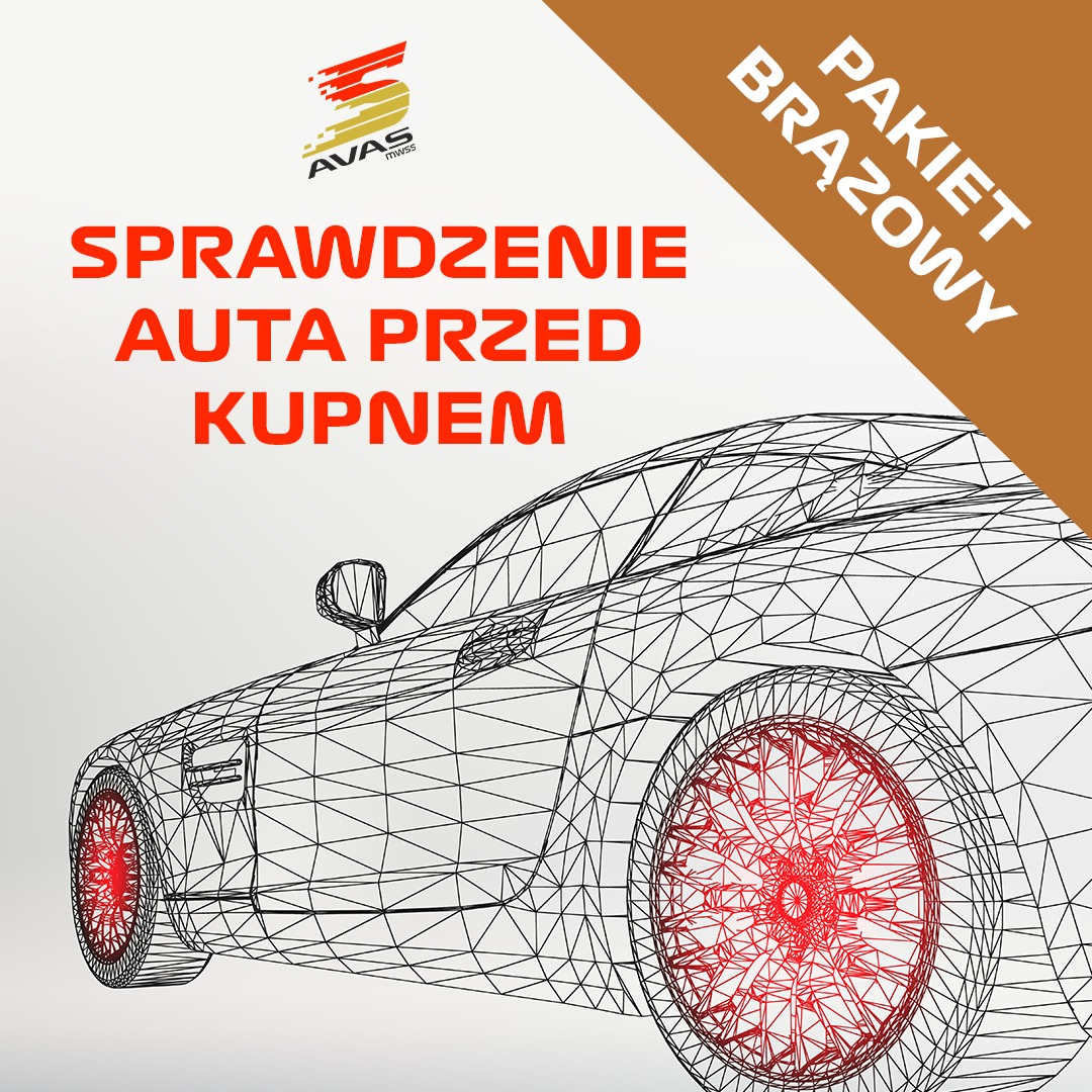 Siatkowy model samochodu z czerwonymi akcentami na kołach, nadruk 'Sprawdzenie auta przed kupnem' i logo firmy oraz napis 'Pakiet Brązowy' w prawym górnym rogu.