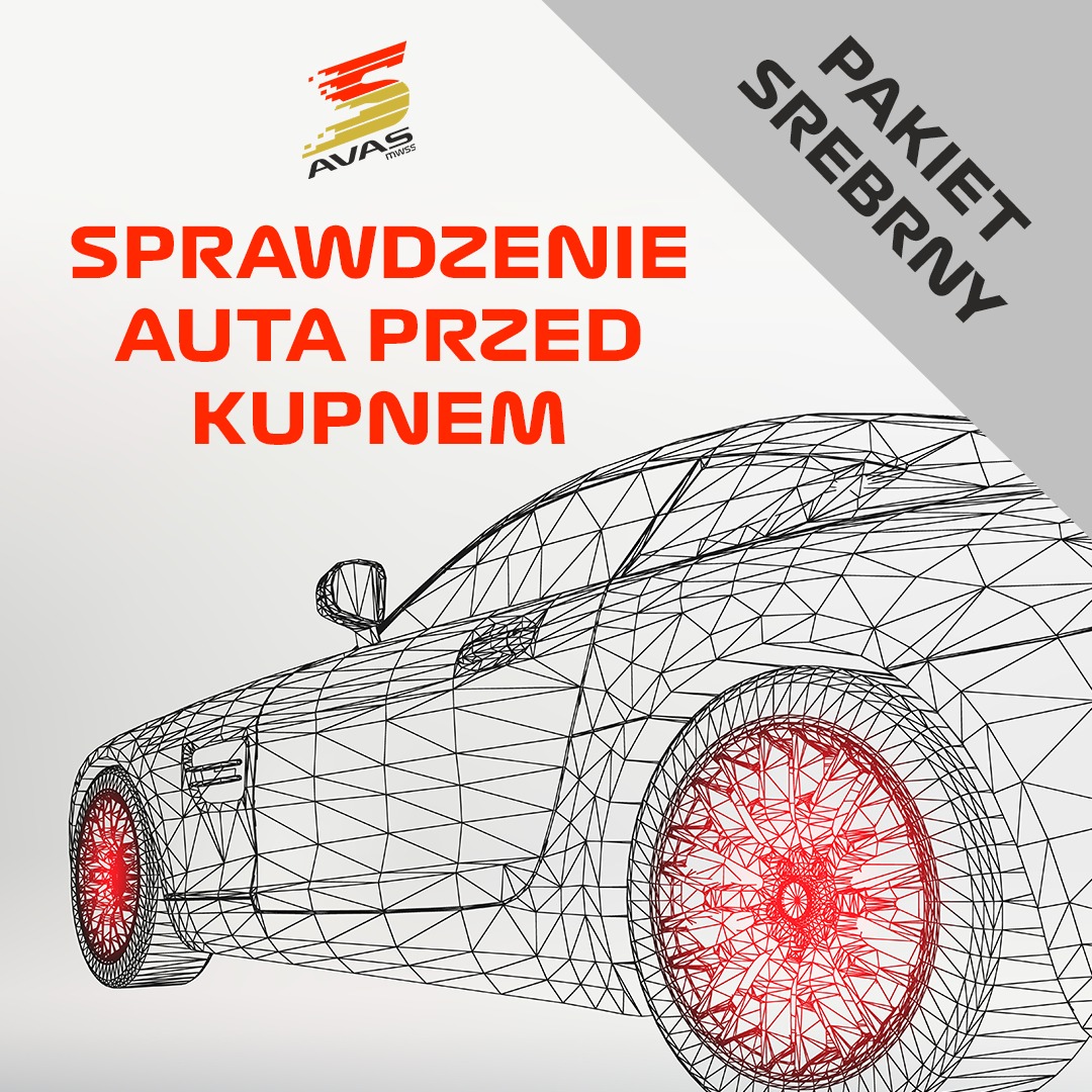 Grafika wektorowa przedstawiająca samochód z czerwonymi akcentami na kołach, z napisem 'Sprawdzenie auta przed kupnem' oraz logo firmy AVAS i informacją o pakiecie srebrnym.