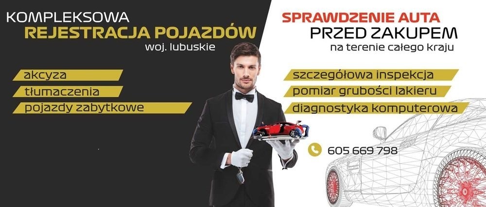 Mężczyzna w smokingu prezentuje model czerwonego samochodu na tacy, obok teksty o rejestracji pojazdów, sprawdzeniu auta przed zakupem, inspekcji, pomiarze grubości lakieru i diagnostyce komputerowej.