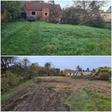 Dwa ujęcia: górne przedstawia zarośniętą działkę z ceglanym domem w tle, dolne pokazuje tę samą działkę po wyrównaniu terenu, z widocznymi śladami opon i koparką w oddali.