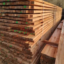 Stos łaty drewnianej z widocznymi oznaczeniami w kolorze zielonym i pomarańczowym, spięty białymi taśmami, na tle drzew bez liści.