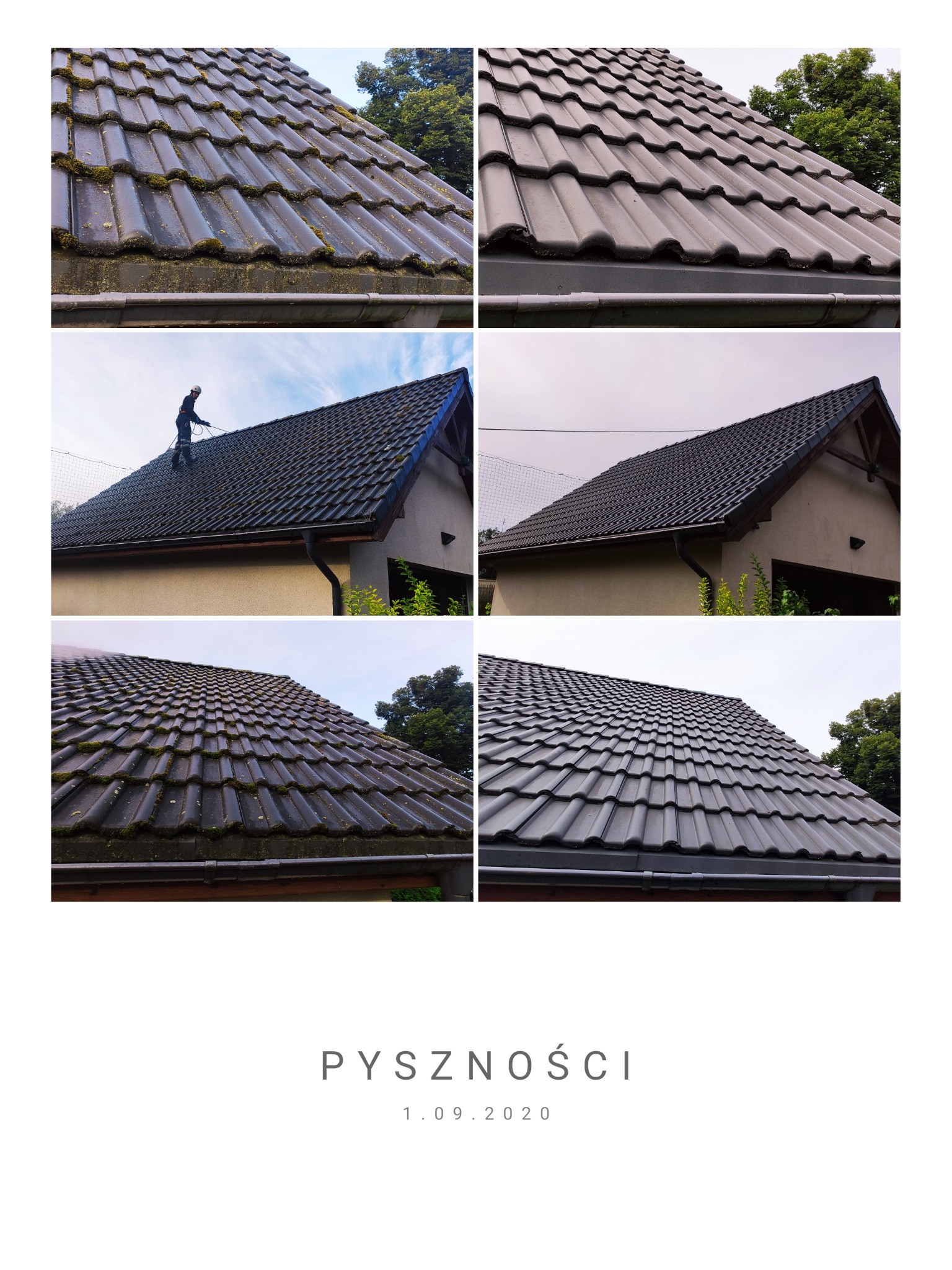 Kolaż zdjęć przedstawiających dachówkę przed i po czyszczeniu. Na jednym ze zdjęć osoba w kombinezonie i kasku czyści dach myjką ciśnieniową.