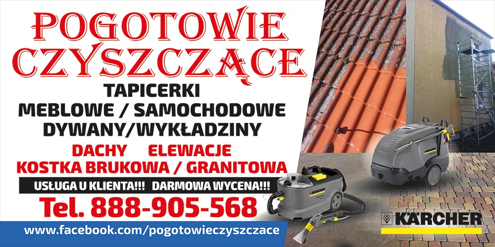 Kompozycja reklamowa prezentująca usługi firmy czyszczącej: fragment dachu w trakcie czyszczenia, fragment elewacji z rusztowaniem oraz urządzenia marki Kärcher do czyszczenia. W tle widoczny tekst...