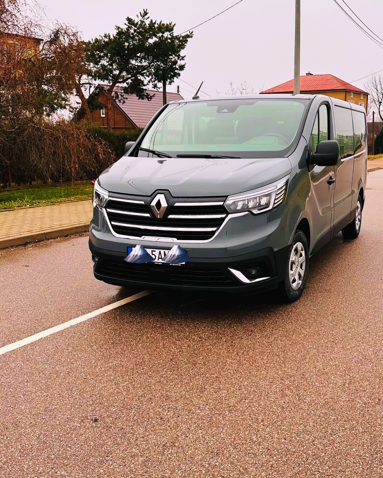Szary Renault Trafic, zaparkowany na mokrej nawierzchni z widoczną linią białą, z domami w tle i pochmurnym niebem.
