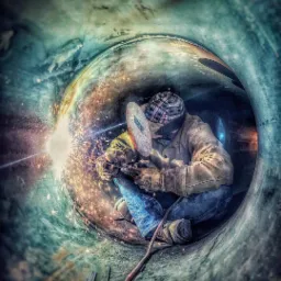 Pracownik w kasku i rękawicach spawalniczych, wewnątrz rury, spawający z intensywnym błyskiem i iskrami, widok z perspektywy wnętrza rury.