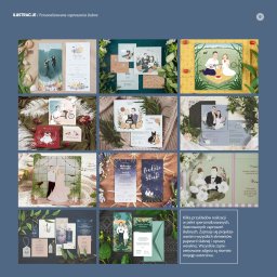 Weronika Olszewska - Zestaw ilustrowanych zaproszeń ślubnych na różnych tłach, prezentujących pary młode w różnorodnych stylach graficznych, od akwarelowych portretów po scenki rodzajowe z elementami natury i zwierząt.