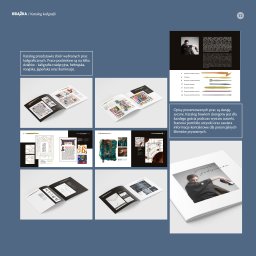 Weronika Olszewska - Rozkładówka katalogu kaligrafii prezentująca zbiór prac w różnych stylach: tradycyjnym, hebrajskim, rosyjskim, japońskim i iluminacji, z opisami dwujęzycznymi i informacjami kontaktowymi...