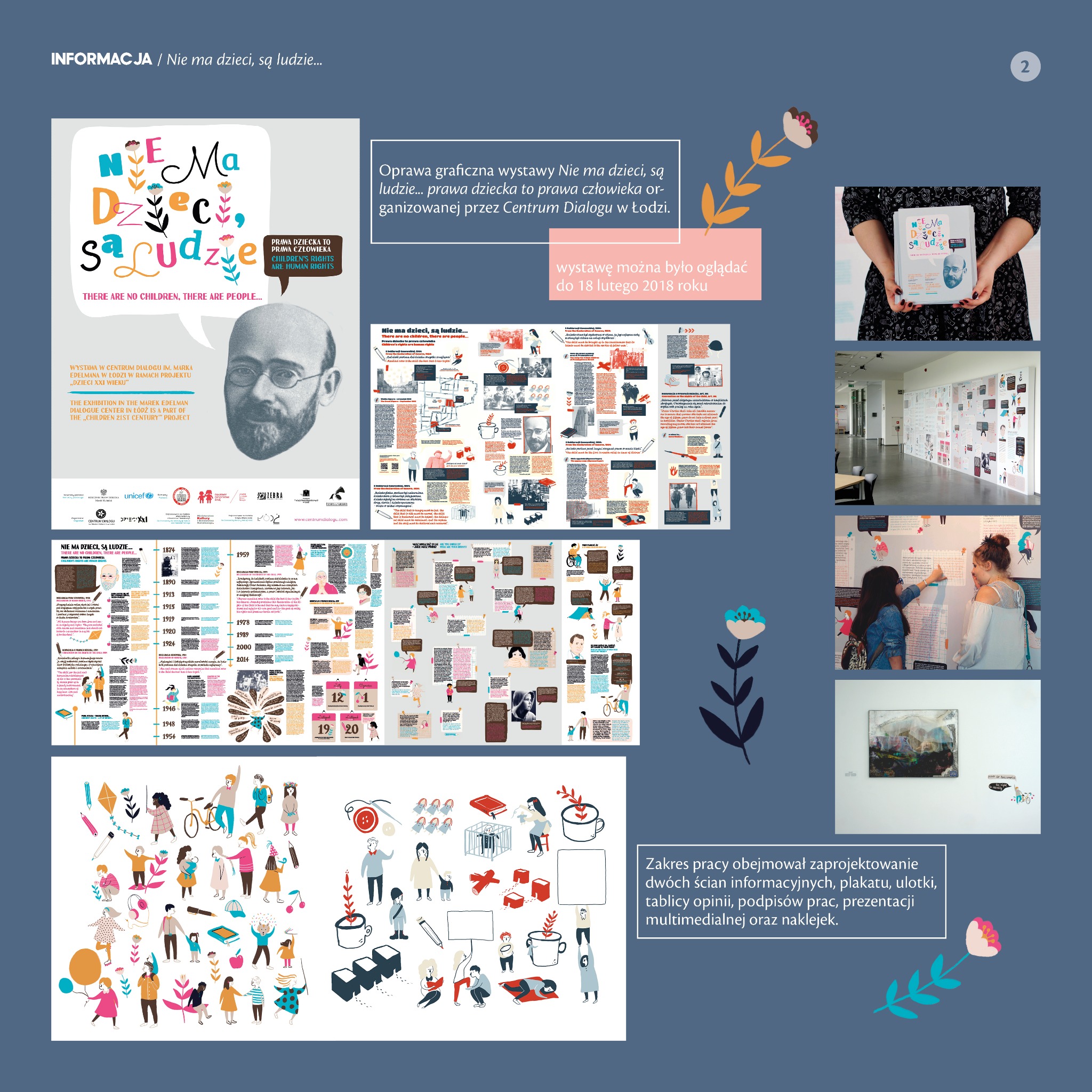 Zdjęcie z wystawy w Gdańsku prezentującej oprawę graficzną projektu 'Nie ma dzieci, są ludzie...', poruszającego temat praw dziecka, z elementami plakatu, ulotki i tablicy informacyjnej.