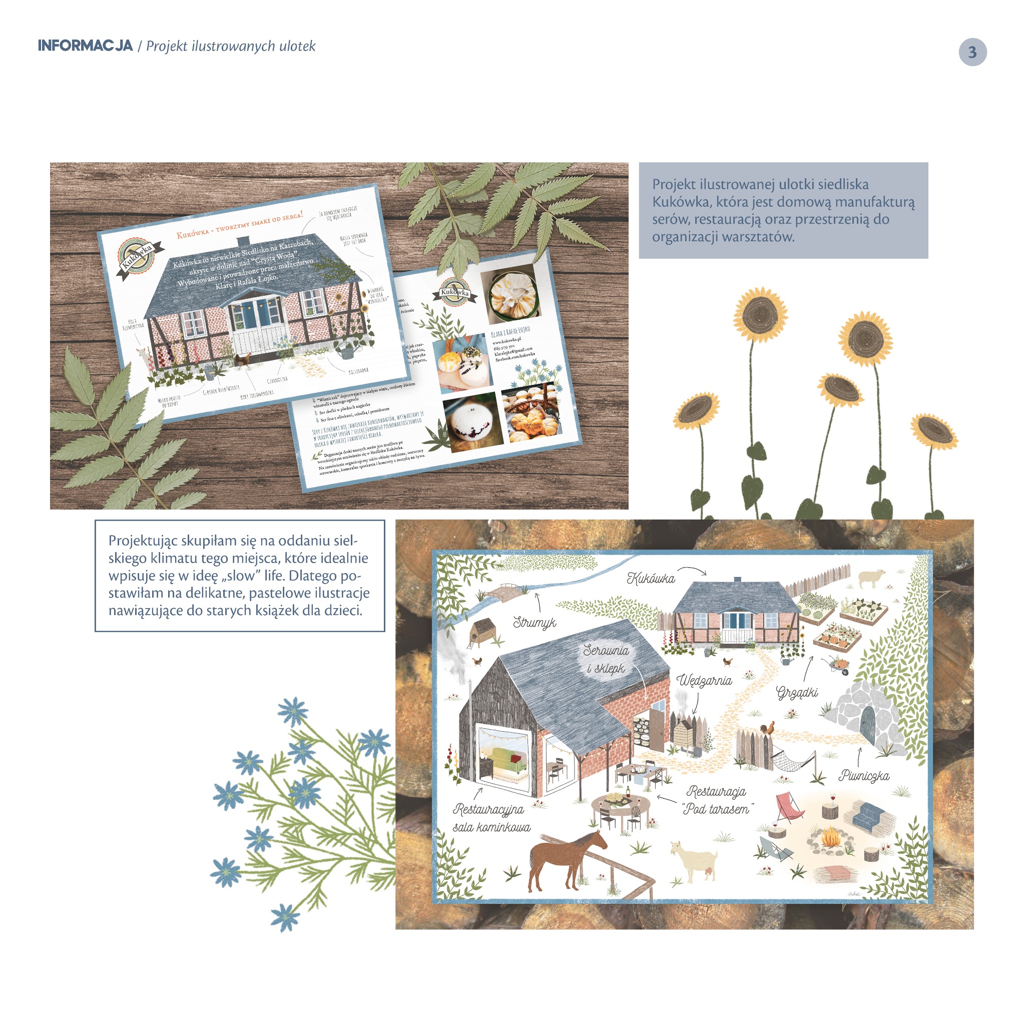 Projekt ilustrowanej ulotki promującej siedlisko Kukówka, z grafikami przedstawiającymi budynki, ogród i produkty, utrzymany w pastelowej kolorystyce, nawiązującej do starych książek dla dzieci.