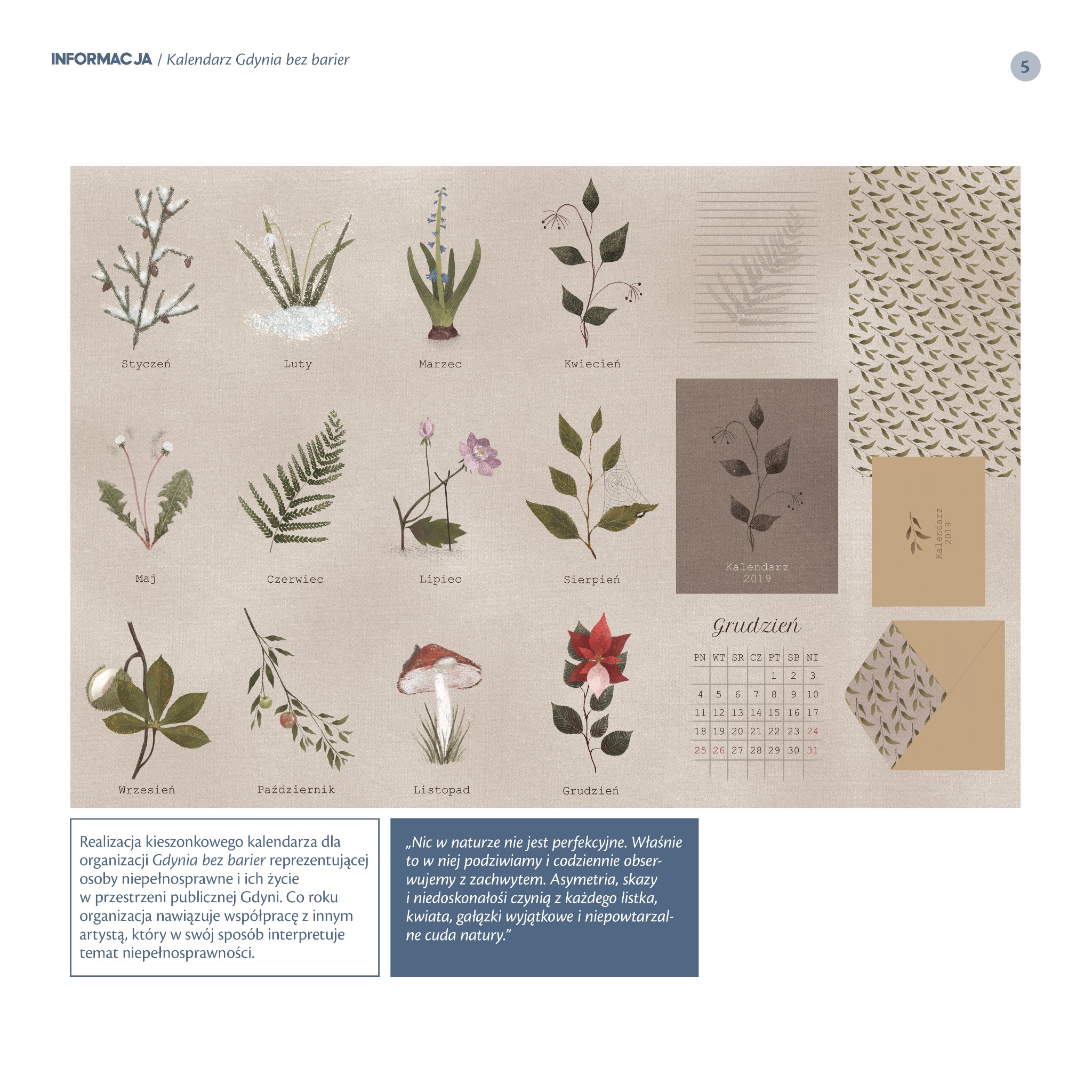 Ilustracja kalendarza kieszonkowego na rok 2019 z motywami roślinnymi dla każdego miesiąca, wykonana w stonowanej kolorystyce, z widocznym kalendarium na grudzień.