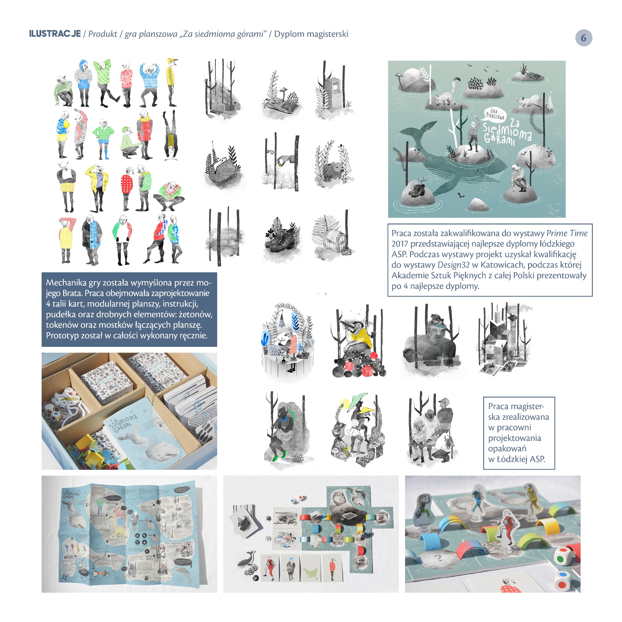 Ilustracje i zdjęcia prototypu gry planszowej 'Za siedmioma górami' przedstawiające postacie, planszę, karty i pudełko, ukazujące ręcznie wykonany charakter projektu.