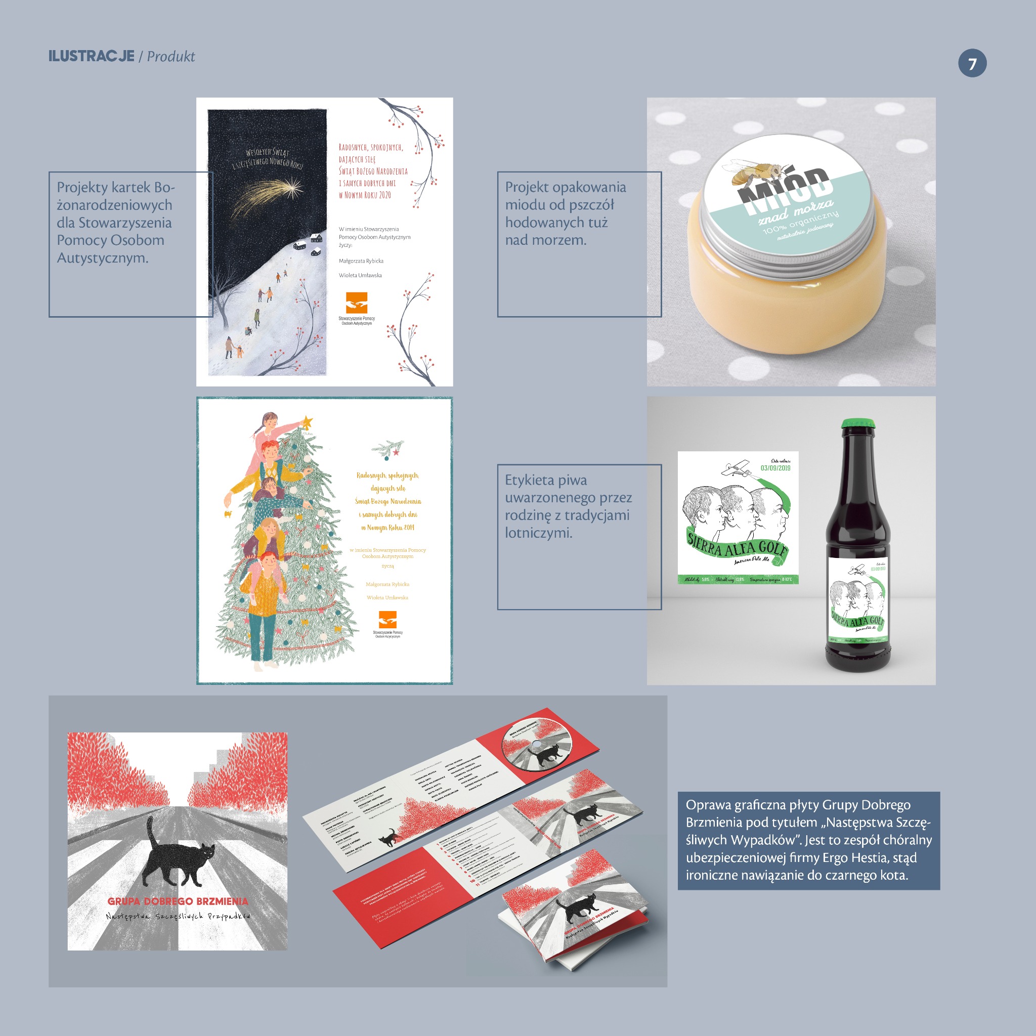Zestaw projektów graficznych: kartki świąteczne z motywem zimowym i ludźmi, słoik miodu z etykietą 'miód znad morza', butelka piwa z etykietą 'Sierra Alfa Golf' i okładka płyty 'Grupa Dobrego...