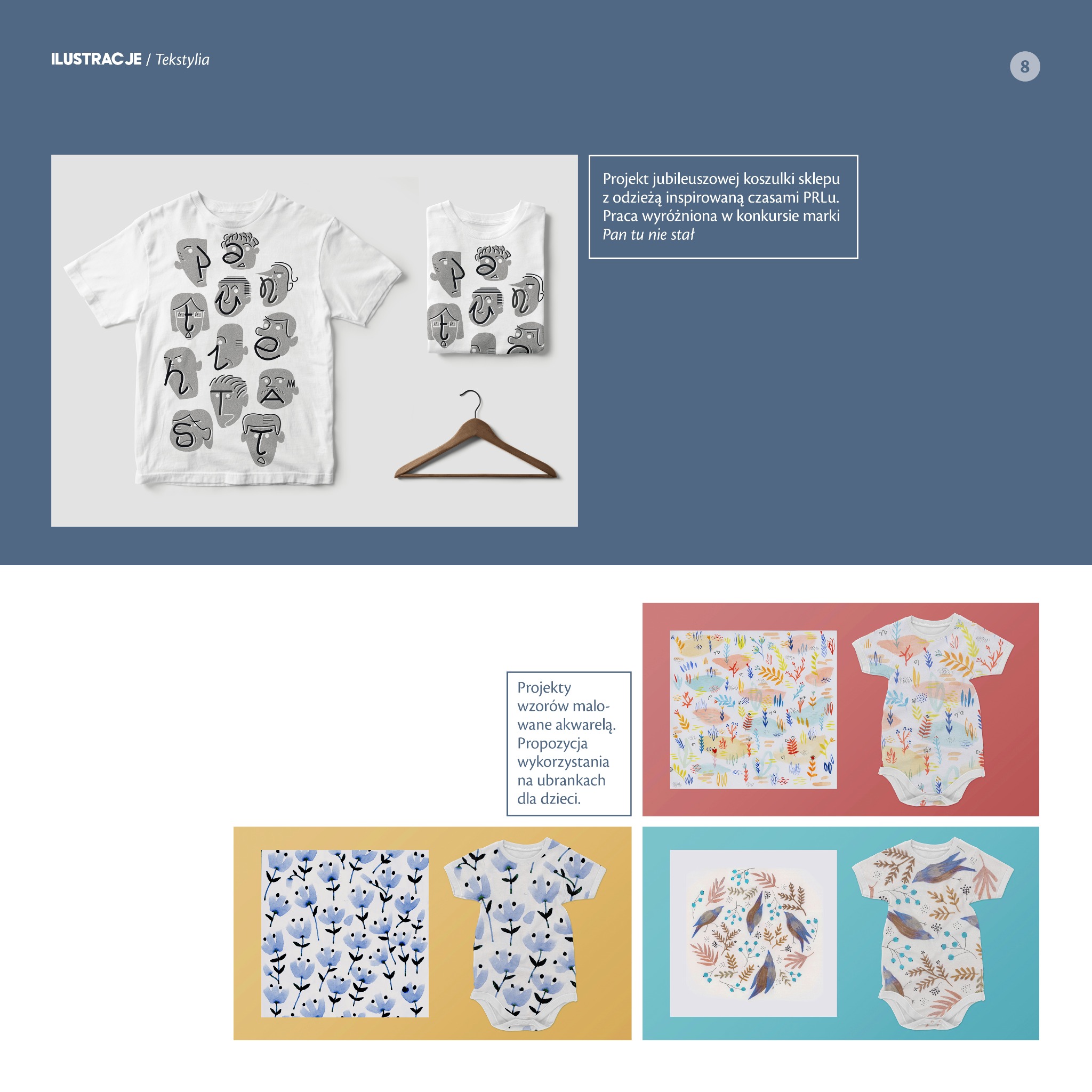 Projekt graficzny koszulki z motywem stylizowanych twarzy w szarym kolorze, zainspirowany stylem PRL, obok koszulka na wieszaku.