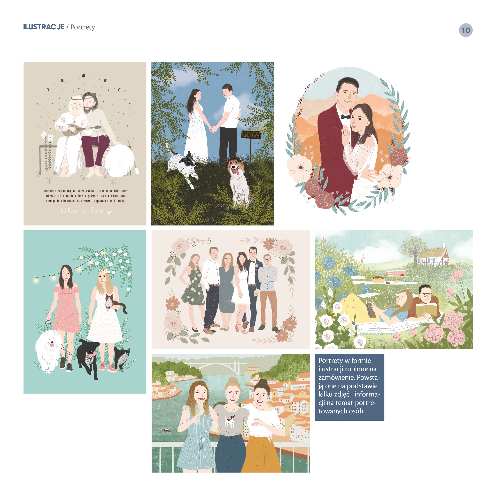 Zestaw ilustrowanych portretów par i grup osób, wykonanych na zamówienie w różnorodnych stylach i sceneriach, od rustykalnych ślubów po miejskie pejzaże.