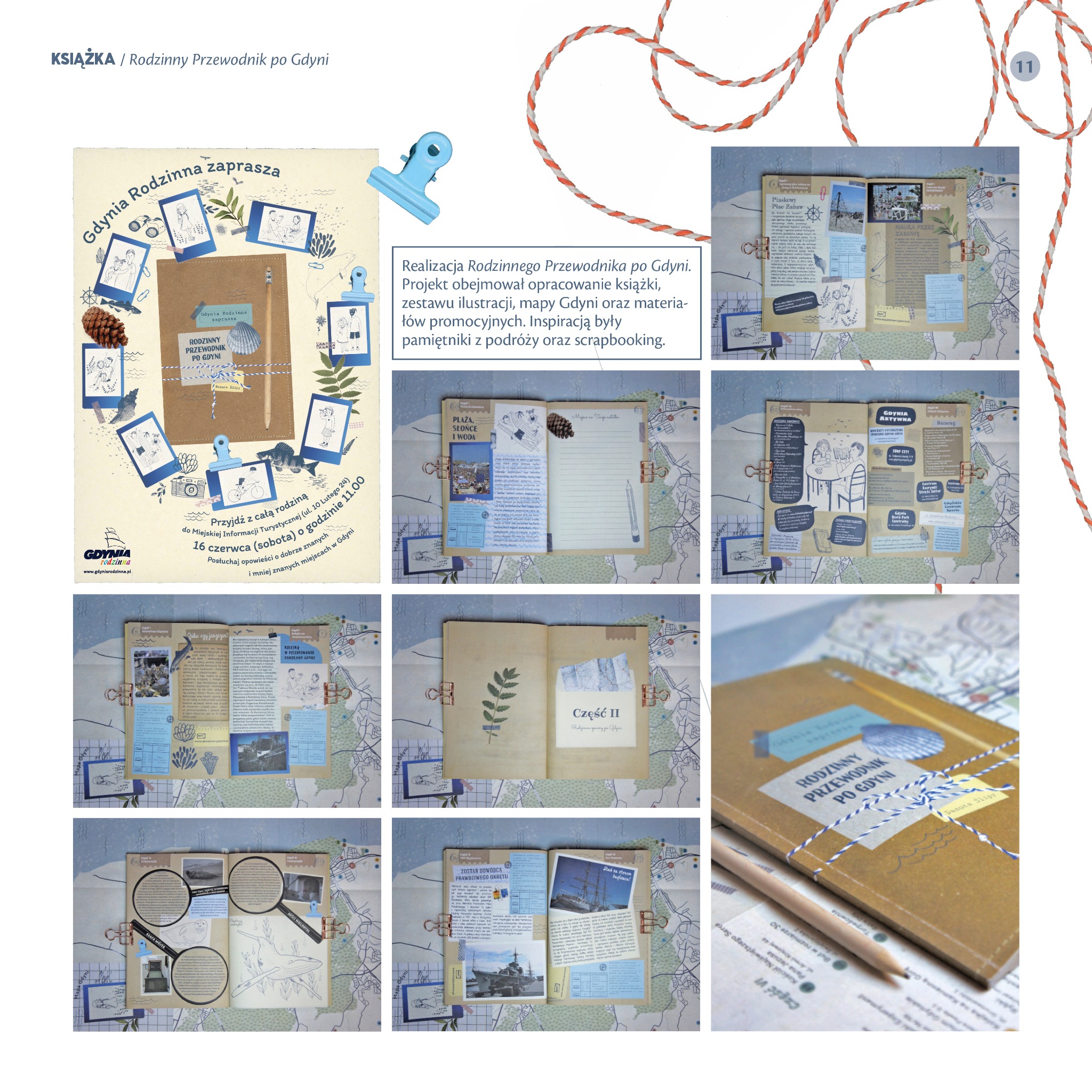Kolaż prezentujący rodzinny przewodnik po Gdyni, zawierający zdjęcia rozłożonych stron książki, okładkę, ilustracje, mapę i materiały promocyjne, całość utrzymana w stylistyce scrapbookingu...