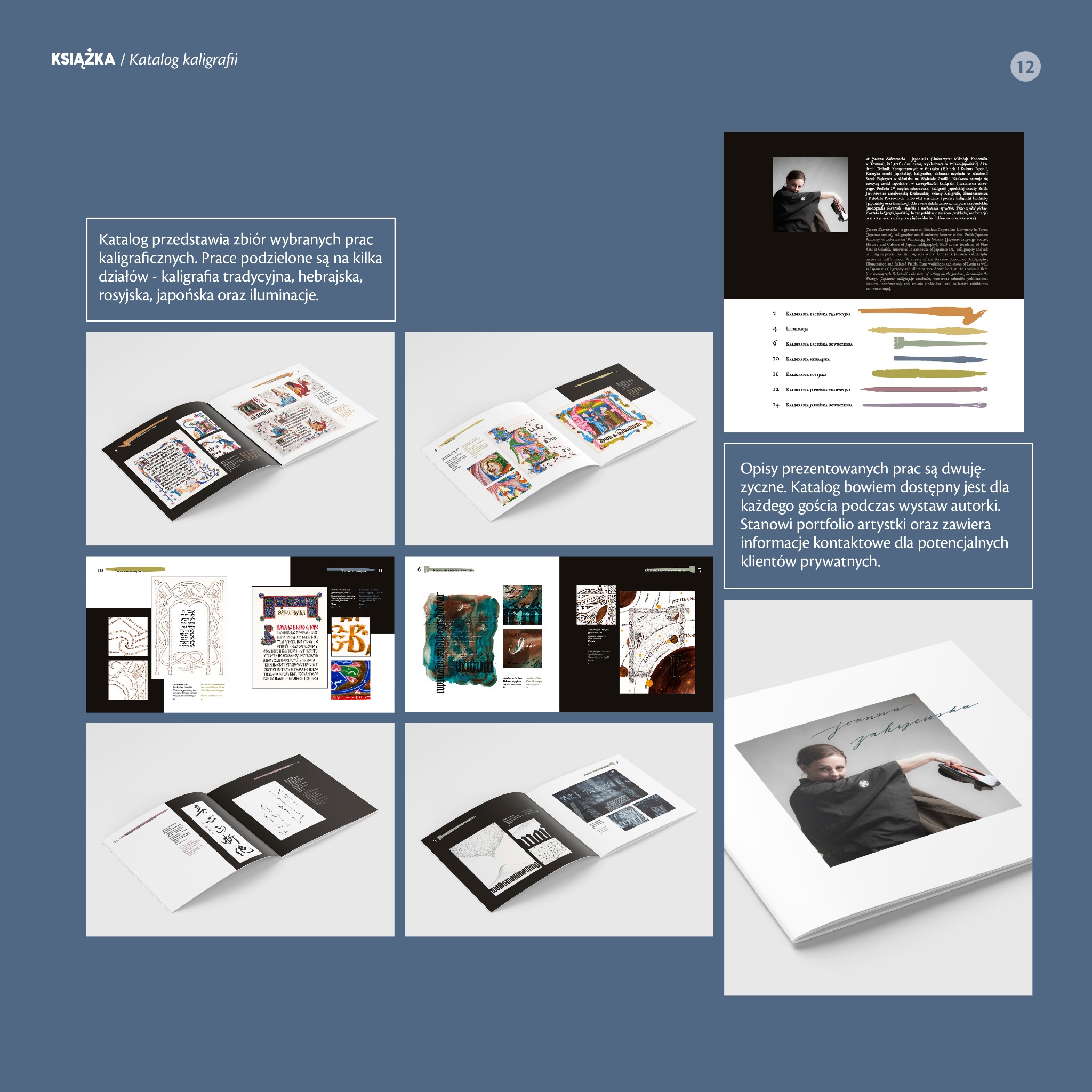 Rozkładówka katalogu kaligrafii prezentująca zbiór prac w różnych stylach: tradycyjnym, hebrajskim, rosyjskim, japońskim i iluminacji, z opisami dwujęzycznymi i informacjami kontaktowymi...