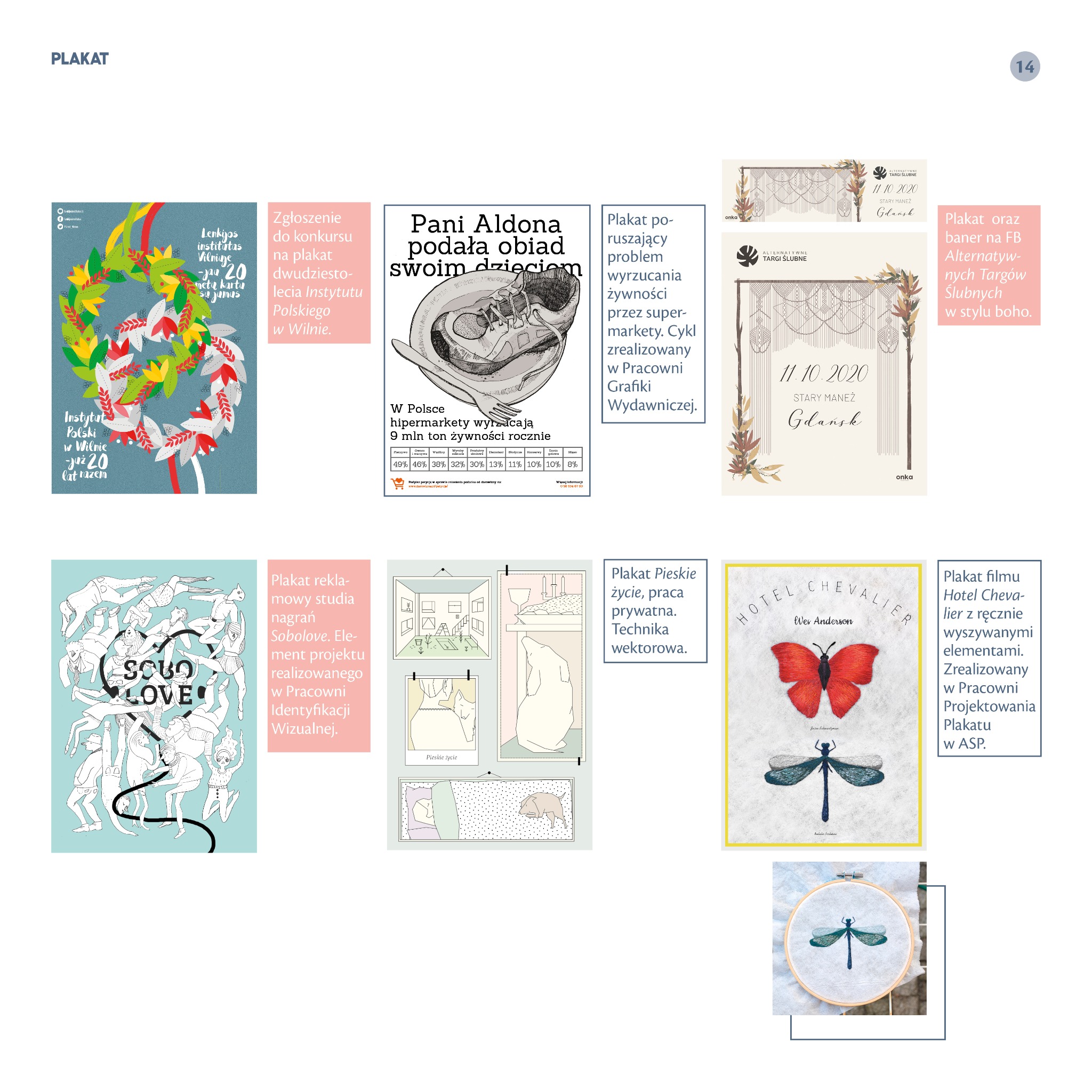 Kompilacja plakatów o różnej tematyce i stylu, w tym plakat reklamowy studia nagrań, plakat o wyrzucaniu żywności, plakat targów ślubnych w stylu boho oraz plakat filmu z ręcznie wyszywanymi...