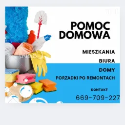Grafika reklamowa: Pomoc domowa - mieszkania, biura, domy, porządki po remontach. Wiadro ze środkami czystości, gąbki, rękawice. Kontakt: 669-709-227.