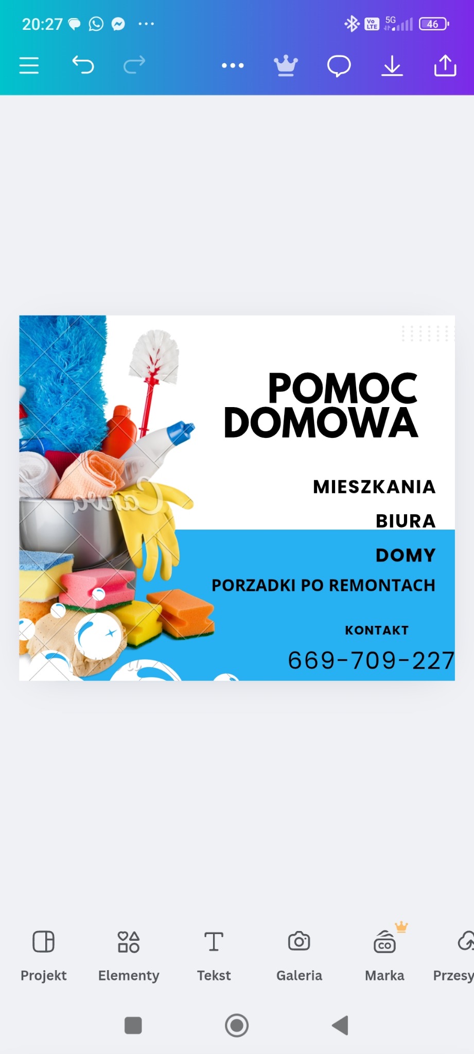 Grafika reklamowa: Pomoc domowa - mieszkania, biura, domy, porządki po remontach. Wiadro ze środkami czystości, gąbki, rękawice. Kontakt: 669-709-227.