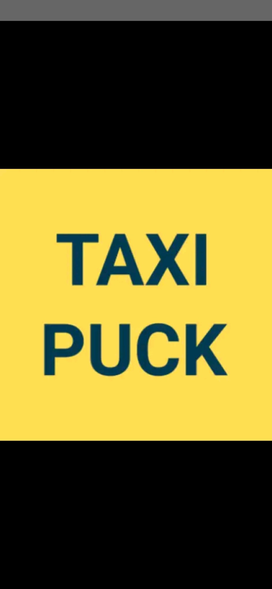 Żółte tło z napisem 'TAXI PUCK' w kolorze granatowym.