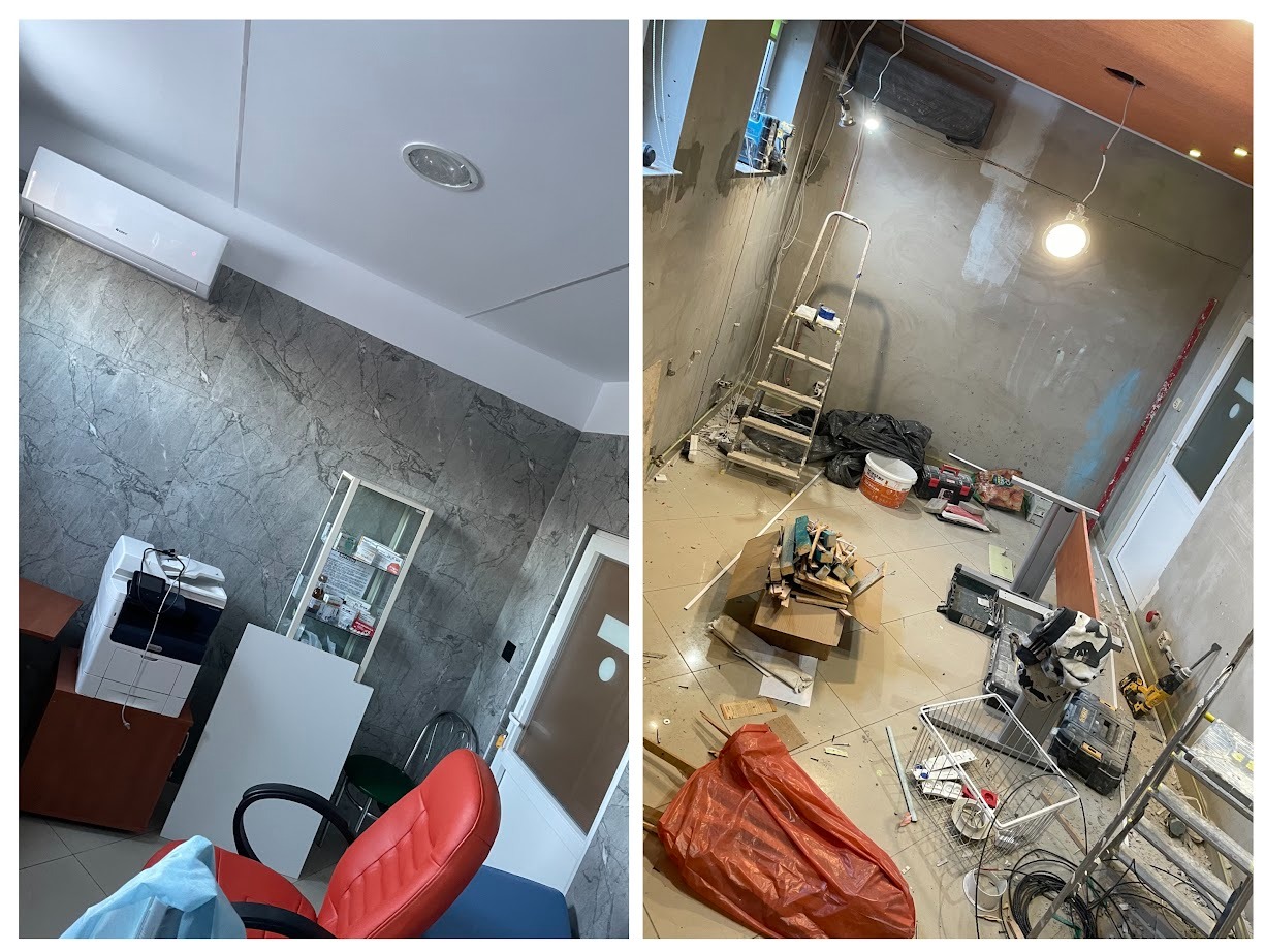 Porównanie: biuro przed i po. Po lewej: marmurowe ściany, klimatyzacja, meble biurowe. Po prawej: surowe ściany, drabina, narzędzia, bałagan. Widoczny postęp prac.