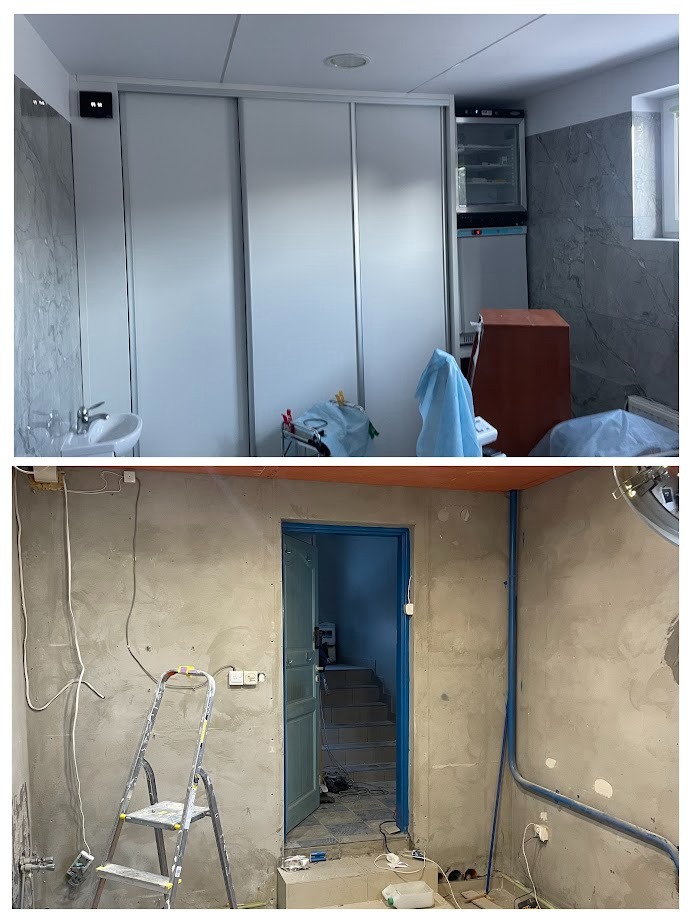 Zdjęcie 'przed i po' prezentujące metamorfozę pomieszczenia: od surowego stanu z instalacjami do wykończonego wnętrza z szafą przesuwną i umywalką.