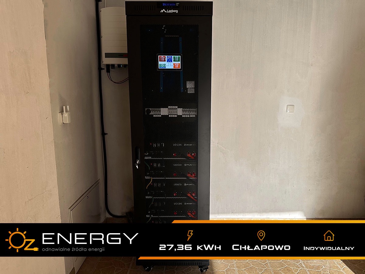 Czarna szafa rack Lanberg z wyświetlaczem parametrów pracy magazynu energii, umieszczona w pomieszczeniu z surowymi, pomalowanymi ścianami i gniazdkiem elektrycznym.