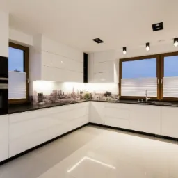 Nowoczesna, biała kuchnia z czarnym blatem i fototapetą z motywem panoramy miasta między szafkami górnymi i blatem, oświetlona punktowymi lampami sufitowymi i listwą LED pod szafkami.