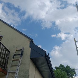 Hydrodynamiczny JAKUB SUROWANIEC - Fragment elewacji domu z zamontowanym, ciemnym podsufitkiem. Dwie drabiny opierają się o ścianę. Na balkonie karmnik dla ptaków. Błękitne niebo z chmurami w tle.