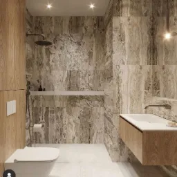Nowoczesna łazienka z marmurowymi płytkami w odcieniach szarości i beżu, drewnianą szafką pod umywalką oraz toaletą w minimalistycznym stylu.