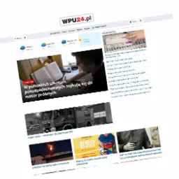Strona internetowa z nagłówkiem WPU24.pl prezentująca różnorodne artykuły, w tym o maturach próbnych, straży pożarnej i eSkarbonce, z widocznym menu i prognozą pogody.