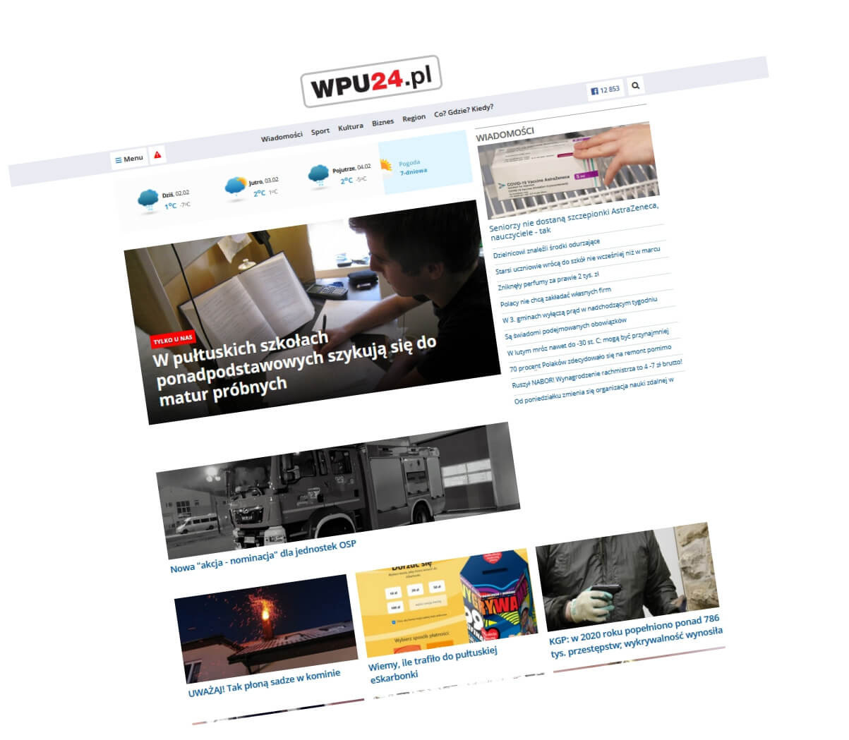 Strona internetowa z nagłówkiem WPU24.pl prezentująca różnorodne artykuły, w tym o maturach próbnych, straży pożarnej i eSkarbonce, z widocznym menu i prognozą pogody.