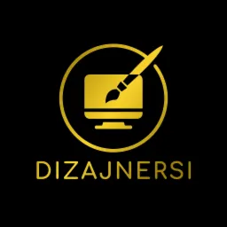 Złote logo z pędzlem malarskim nachodzącym na ikonę monitora w okręgu, poniżej napis 'DIZAJNERSI' na czarnym tle.