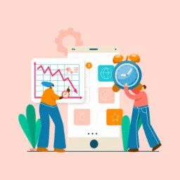 Ilustracja przedstawia dwie postacie analizujące dane na wykresie spadkowym i zarządzające czasem na ekranie smartfona, sugerując optymalizację i planowanie w kontekście aplikacji mobilnej.