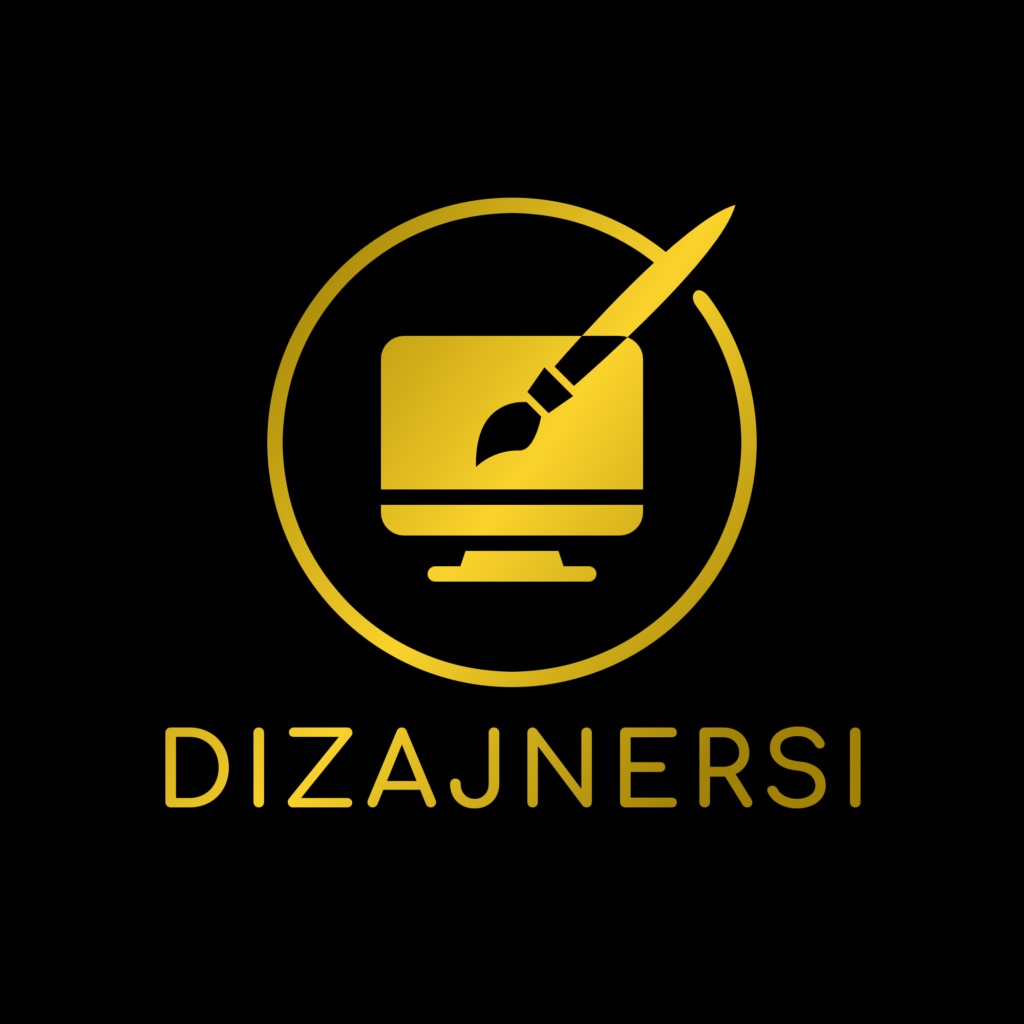 Złote logo z pędzlem malarskim nachodzącym na ikonę monitora w okręgu, poniżej napis 'DIZAJNERSI' na czarnym tle.
