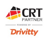 Logo CRT Partner z elementami flagi Niemiec i napisem 'POWERED BY Drivitty' w kolorze pomarańczowym.