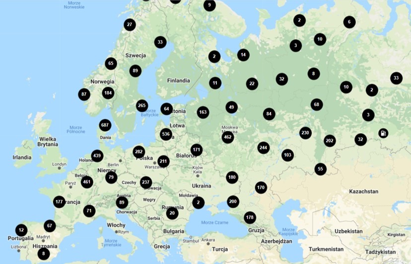 Mapa Europy i części Azji z zaznaczonymi punktami i liczbami, prawdopodobnie przedstawiająca dane statystyczne dotyczące transportu lub logistyki w różnych regionach.