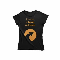 Czarna damska koszulka z krótkim rękawem prezentująca złoty nadruk tekstu 'Koszulka z Twoim nadrukiem' oraz stylizowaną strzałkę w okręgu.