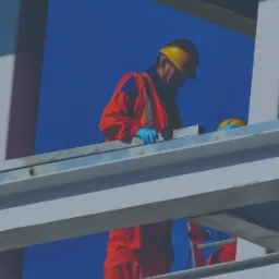 Pracownik w pomarańczowym kombinezonie i żółtym kasku pracuje na metalowej konstrukcji na tle błękitnego nieba, widoczne śruby mocujące elementy konstrukcji.